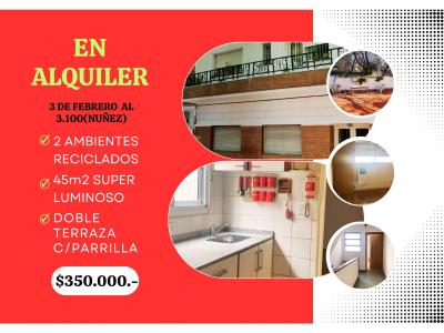 ALQUILER, 2 ambientes, Nuñez, $350.000.-,MUY LUMINOSO, 45 mt2, 1 habitaciones