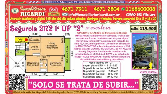 SOLO SE TRATA DE SUBIR... 1º piso x escal semipiso al frente, 72 mt2, 2 habitaciones