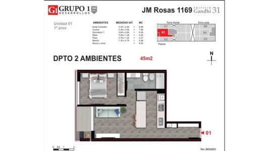 DEPARTAMENTO 1 DORMITORIO JUAN MANUEL DE ROSAS 1169, 44 mt2, 1 habitaciones