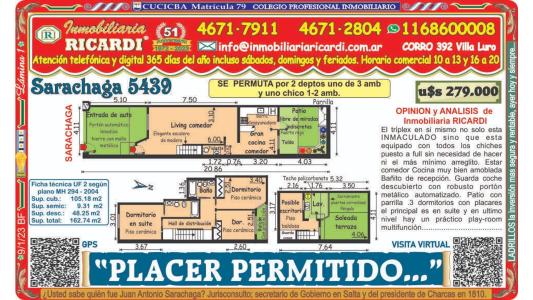 PLACER PERMITIDO.. arquitectonico triplex  PI-PI-QU-QU , 105 mt2, 4 habitaciones
