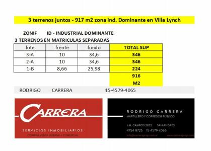 VENTA – 3 lotes total 917m2 - en Villa Lynch, Pcia de BSAS – www.carreraprop.com.ar - tasamos HOY